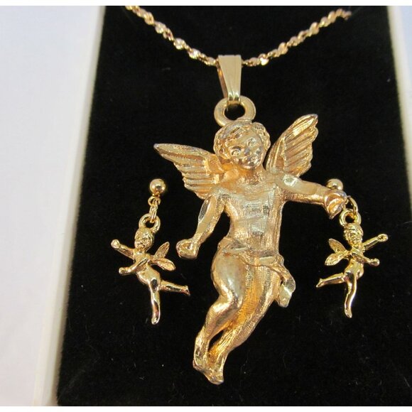 Cherub Angel Pendant Necklace and Matching Pierced Earring Set - Picture 1 of 10